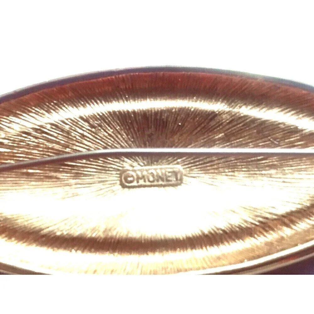Vintage Gold-Tone Monet Black Enamel Clear Rhinestone Basket-Weave Brooch Pin